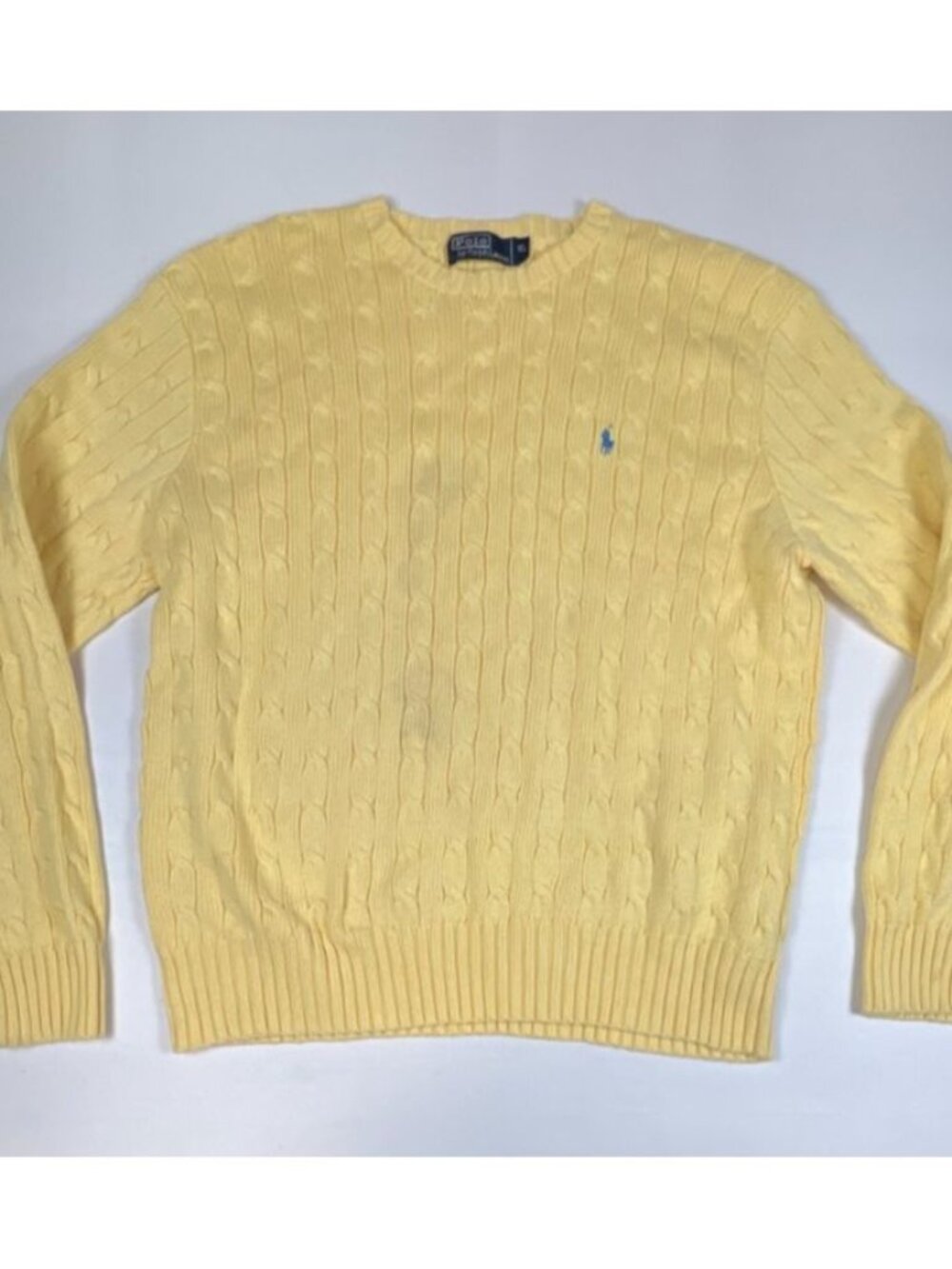 VTG Polo Ralph Lauren Men XL Yellow Cable Knit Cotton Crewneck Sweater Pony Logo